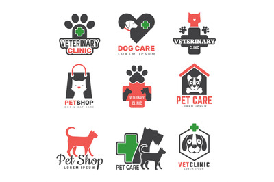 Pets shop logo. Veterinary clinic for domestic animals dogs cats prote