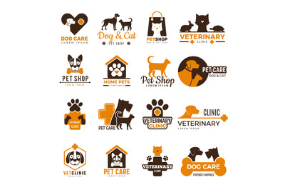 Vet clinic logo. Pets shop cats dogs domestic animals protection frien