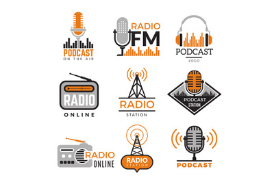 Radio logo. Podcast towers wireless badges radio station symbols vecto