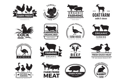 Farm animals. Business logo with domestic animals cow chicken goat hea