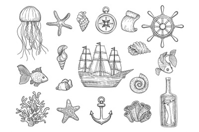 Marine symbols. Fish ship shells boats ocean symbols sailboat vector n