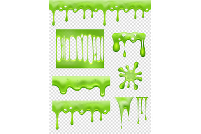 Slime. Green Glue dipping and flowing liquid drops and toxic splashes