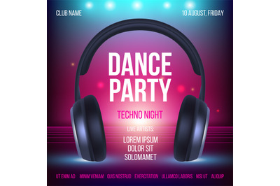 Dance party poster. Placard invitation music club headset realistic il