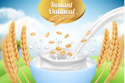 Oatmeal. Ad placard template with milk and wheat healthy organic food