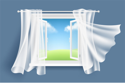 Open window with curtains. Sunny background with glass light window an