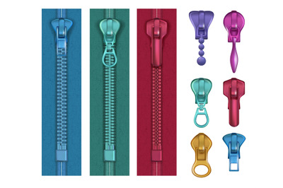 Colored zipper. Fashioned locks and buckles handback bungee puller vec