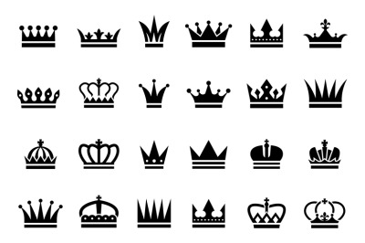 Black crown icons. Vector different crown silhouettes isolated on whit