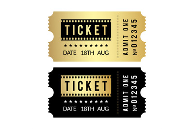 Golden ticket set. Cinema, theater, party, museum, event, concert gold