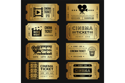 Golden tickets. Entry cinema tickets templates with illustrations of v