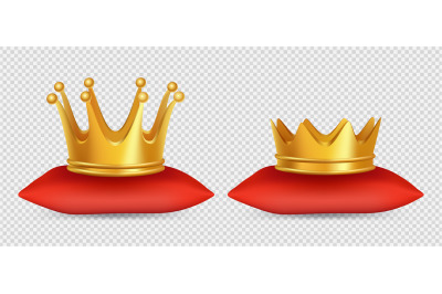 Realistic gold crowns. Vector king and queen crowns on red pillow isol