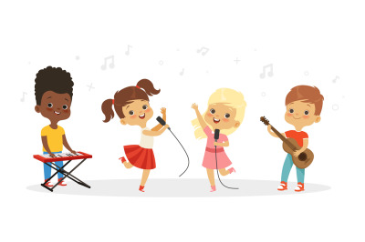 Singing kids. Vector cute children choir. Kids vocal group illustratio