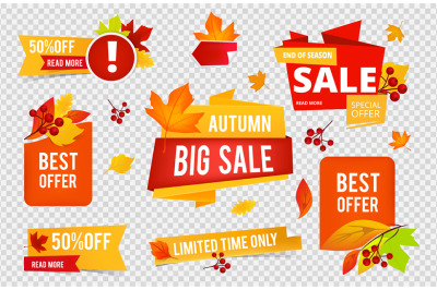 Autumn sale badges collection. Fall sales vector banners labels with r