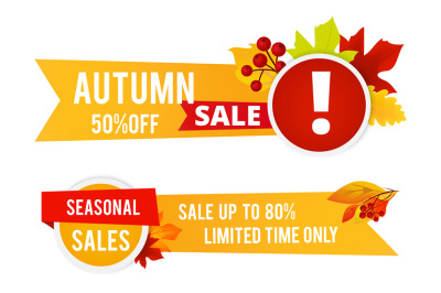 Autumn sale flyers. Seasonal sale vector banners with color leaves