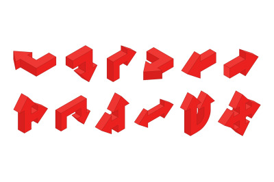 3D arrows. Isometric red multidirectional arrows vector set