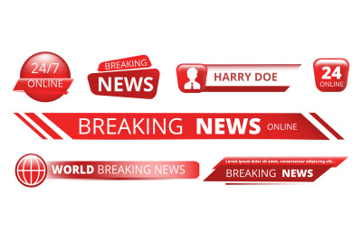 Breaking news banners. Television broadcast header vector isolated on