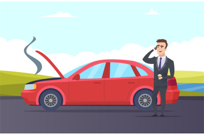 Car breakdown. Road assistance cartoon illustration. Vector businessma