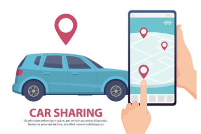 Car sharing. Rent car online mobile app web page concept. Vector find