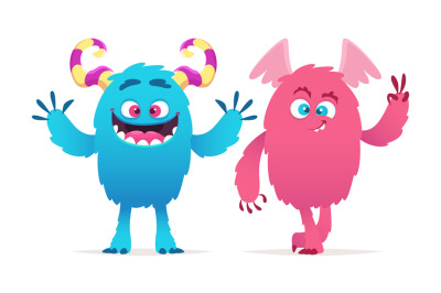 Cute monsters. Cartoon boy and girl monsters vector illustration. Hall