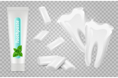 Dental set. Vector toothpaste&2C; chewing gums&2C; white teeth