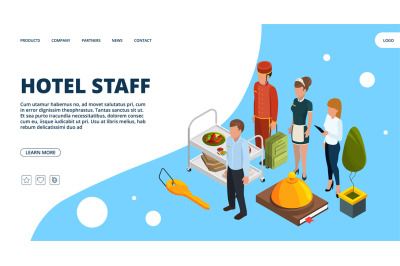 Hotel staff landing page. Vector isometric hospitality concept