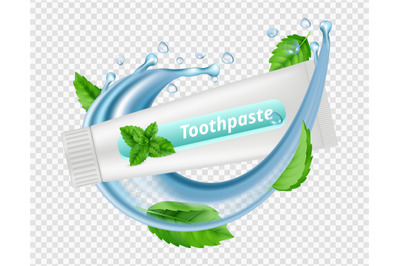 Mint toothpaste. Water splash&2C; mint leaves&2C; toothpaste tube isolated o