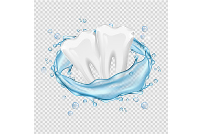 Realistic teeth. Vector clean white teeth and water splash isolated on