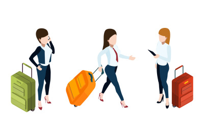 Business trip concept. Businesswomen with suitcases. Vector isometric