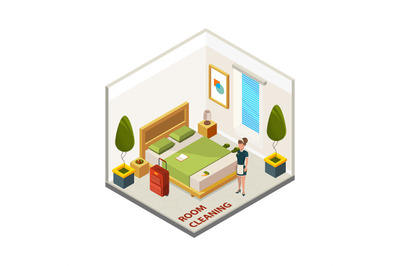 Hotel room cleaning. Isometric cleaning service, vector maid in hotel