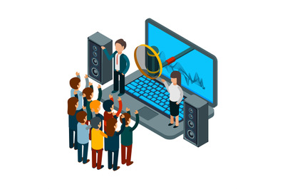 People sing. Choir recording song. Vector isometric music concept