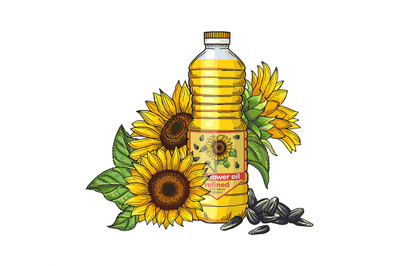 Sunflower oil sketch. Vector seeds&2C; sunflowers and oil bottle isolated