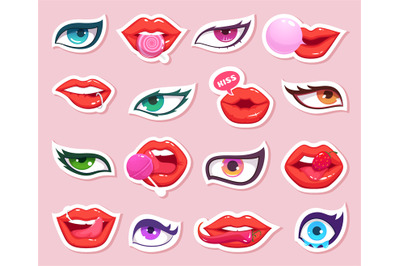 Fashion stickers. Sexy woman lips with candy and eyes comics smiling m