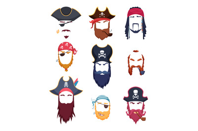 Pirate masks. Carnival costumes element mustache hat beard hook hair v