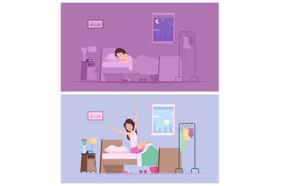 Sleeping girl. Wake up joyful woman morning stretching in bed vector c