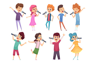 Singing childrens. Male and female kids standing with microphones musi