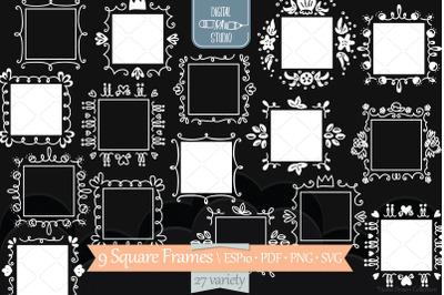 White Square Doodle Frames | Hand Drawn Monogram Border