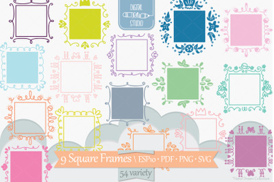 Colored Square Doodle Frames | Hand Drawn Monogram Border