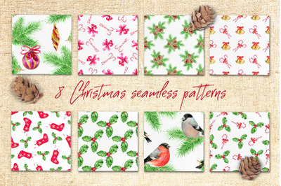 Watercolor Christmas seamless patterns
