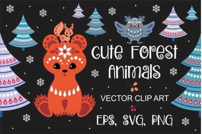 Cute forest animals in ethnic style. Christmas illustrations