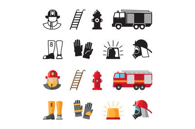 Firefighter accessorises, fireman tools vector icons isolated on white