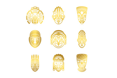 Gold tribal mask icons, ethnic masks vector isolated on white backgrou