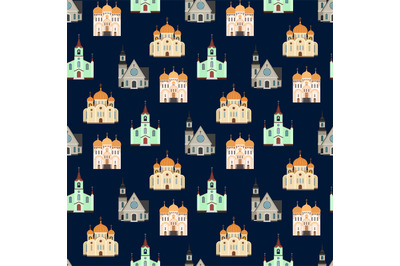 Christian churches seamless pattern. Church buildings background