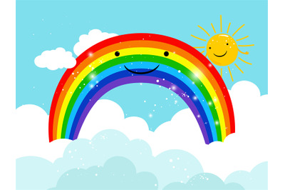 Cartoon smiling rainbow in sky