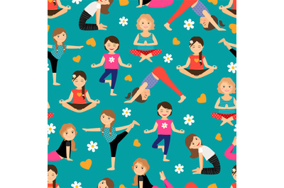 Cartoon girls yoga seamless pattern