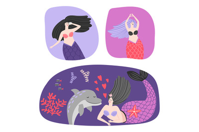 Cute mermaids, dolphin, seaweed illustration