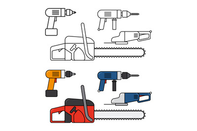 Electric tools for home repair - chainsaw, drill, jigsaw vector line i