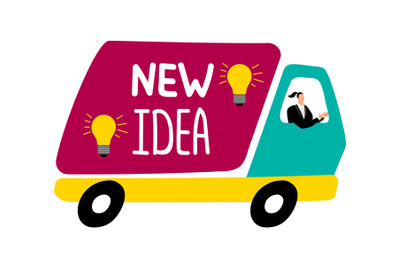 New idea delivery truck. Businesswoman drive truck with ideas vector i