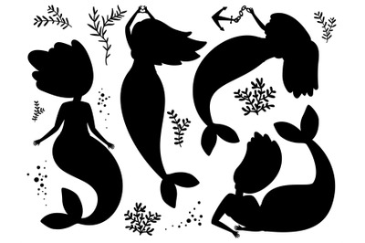 Seaweed and mermaids black silhouettes