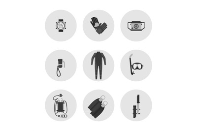 Monochrome diving icons - scuba diving flat vector elements