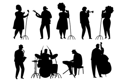 Black silhouette jazz musicians, singer and drummer, pianist and saxop