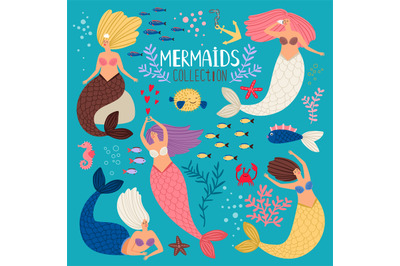 Mermaids set. Mermaid princess, ocean girl scrapbook elements, vector